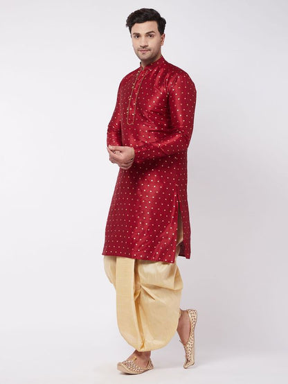 Men's Maroon Silk Blend Straight Kurta and Dhoti Set