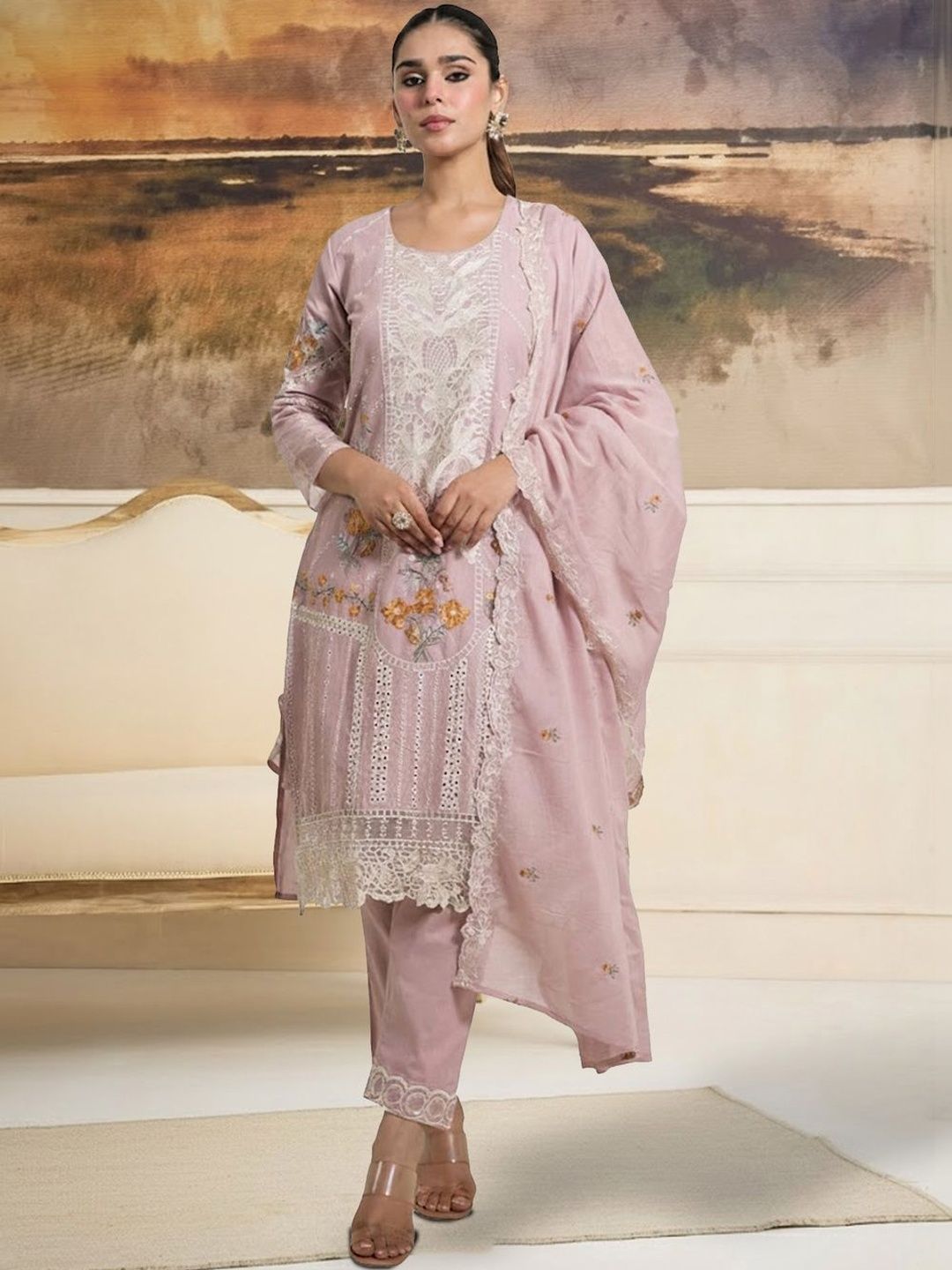 Dhiyona IE Women Floral Embroidered Regular Thread Work Pure Cotton Kurta with Trousers & With Dupatta