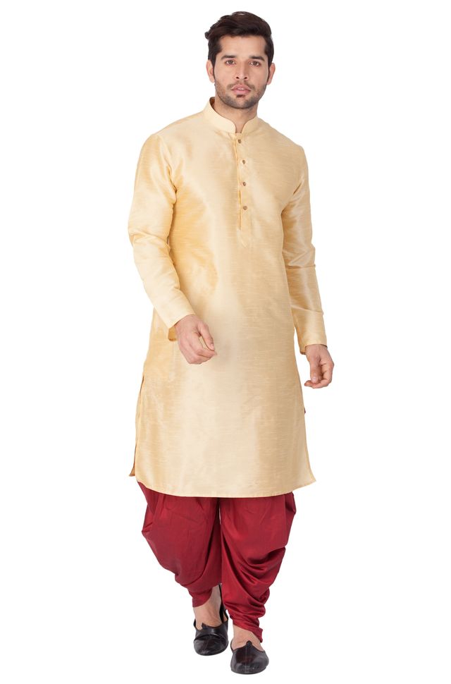 Men's Gold Silk Blend Straight Kurta and Dhoti Set