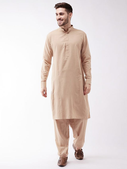 Men's Chiku Cotton Blend Pathani Kurta and Patiala Set