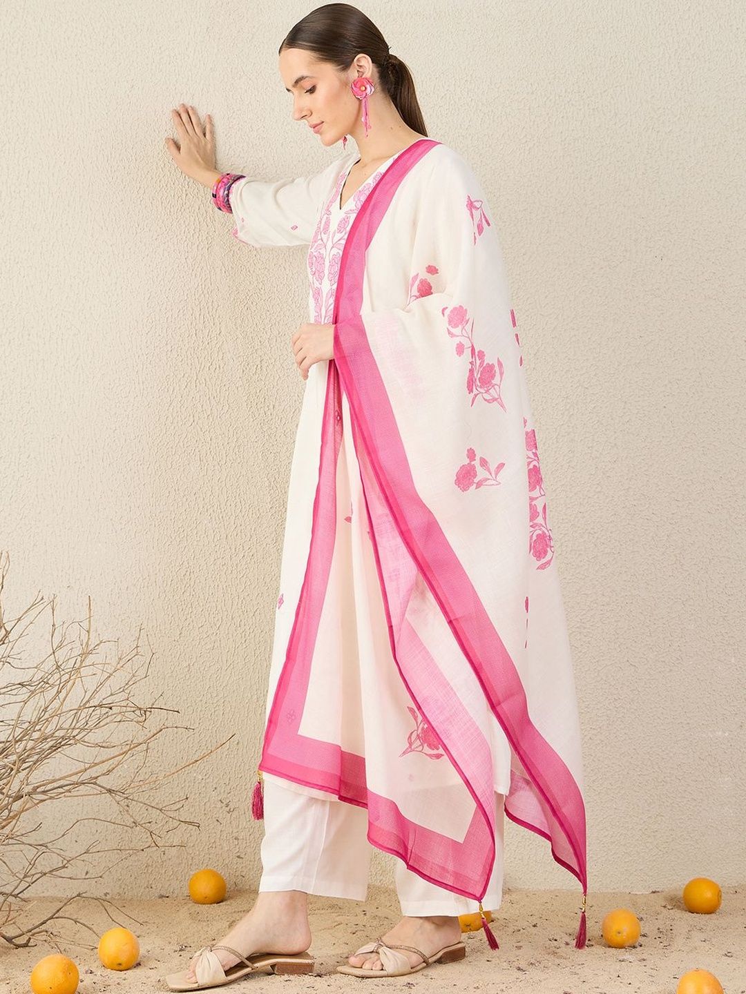 Floral Embroidered V-Neck Thread Work A-Line Kurta & Trousers With Dupatta
