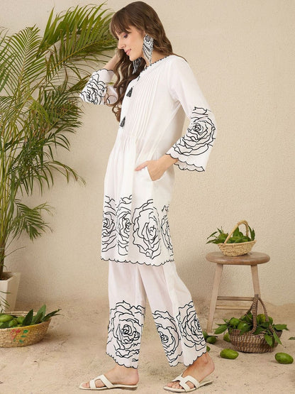 Women Floral Printed Pleated Thread Work Pure Cotton Kurta with Trousers