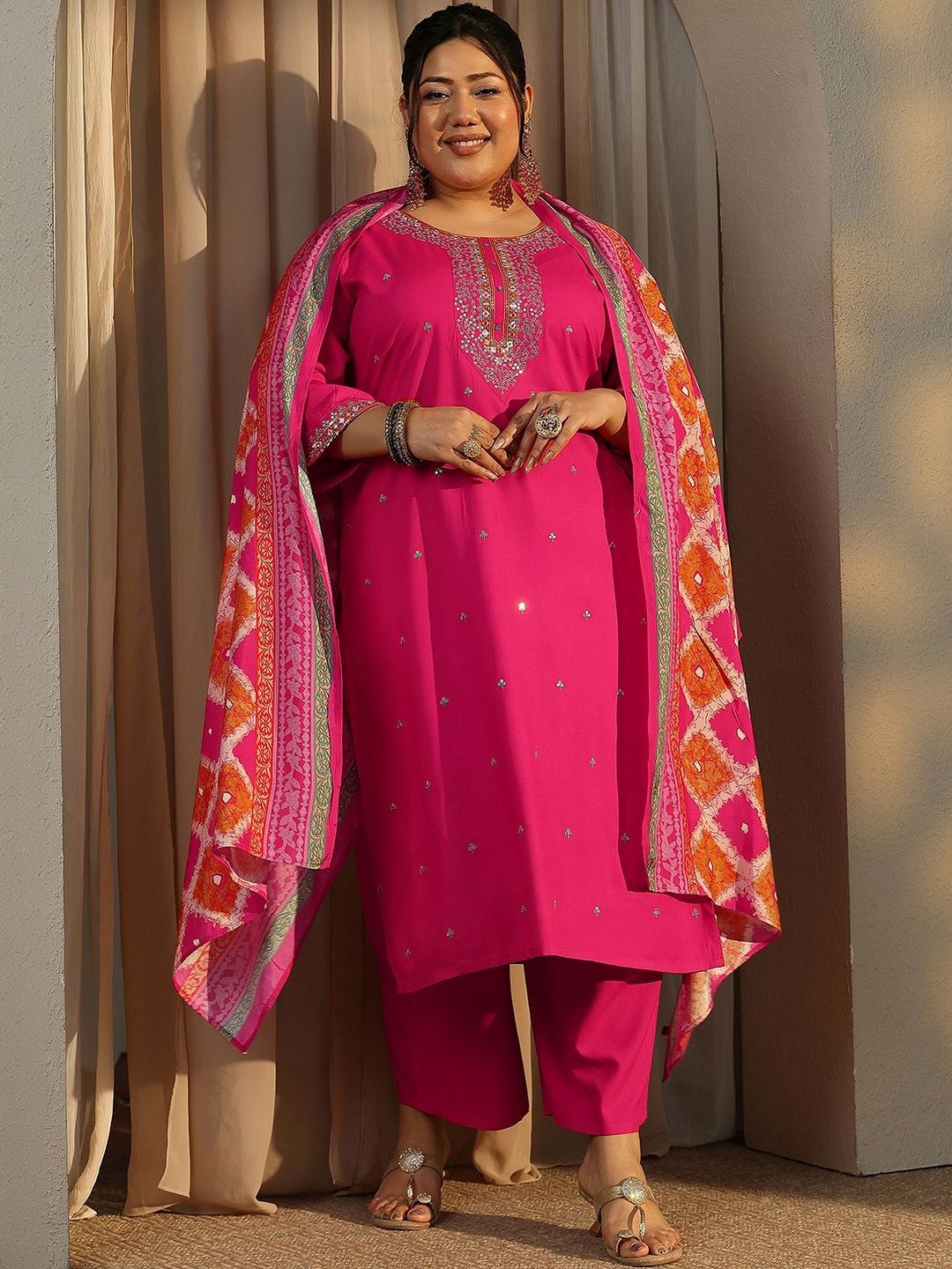 Dhiyona Women's Plus Size Ethnic Motifs Embroidered Kurta with Palazzo & Dupatta