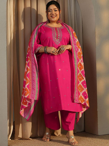 Dhiyona Women's Plus Size Ethnic Motifs Embroidered Kurta with Palazzo & Dupatta
