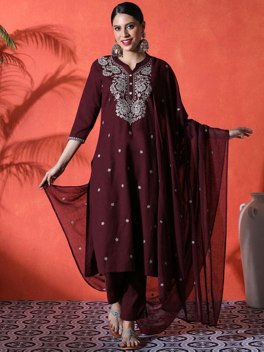 Dhiyona SN Women's Floral Embroidered Notch Neck A-Line Kurta & Trousers With Dupatta