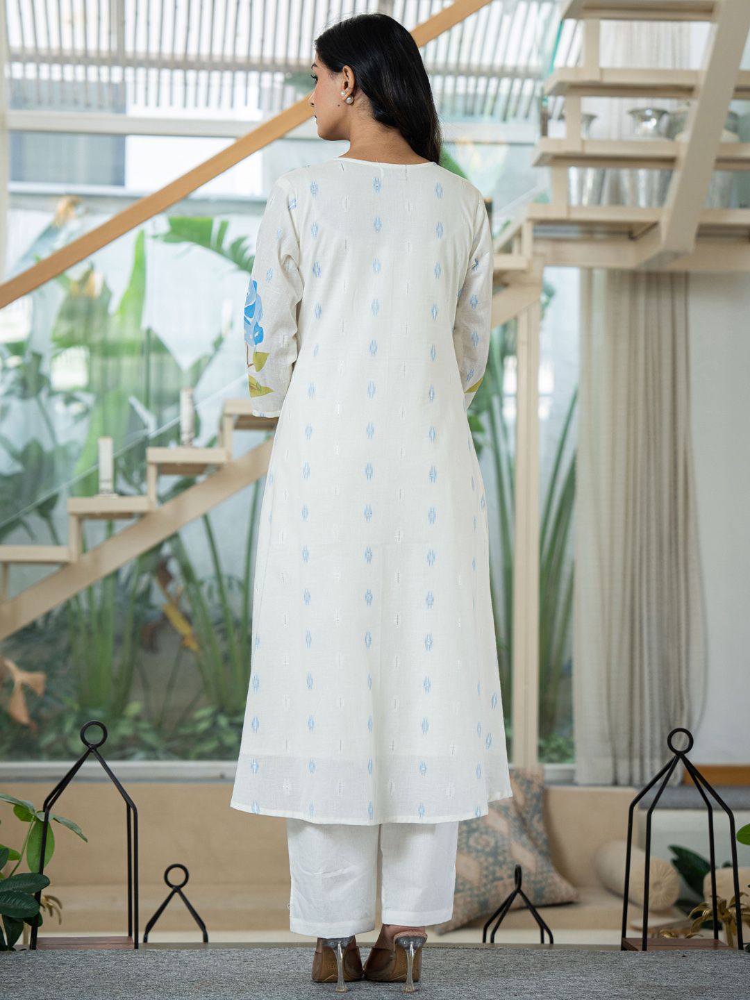 Floral Printed Mandarin Collar Pleated Pure Cotton A-Line Kurta With Trouser