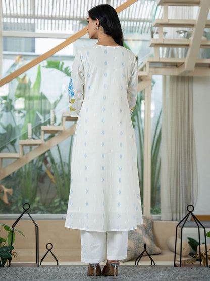 Floral Printed Mandarin Collar Pleated Pure Cotton A-Line Kurta With Trouser