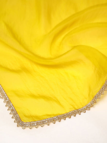 Dhiyona SO Women's Floral Woven Design Round Neck Panelled Beads Work Organza Kurta & Trouser & Dupatta