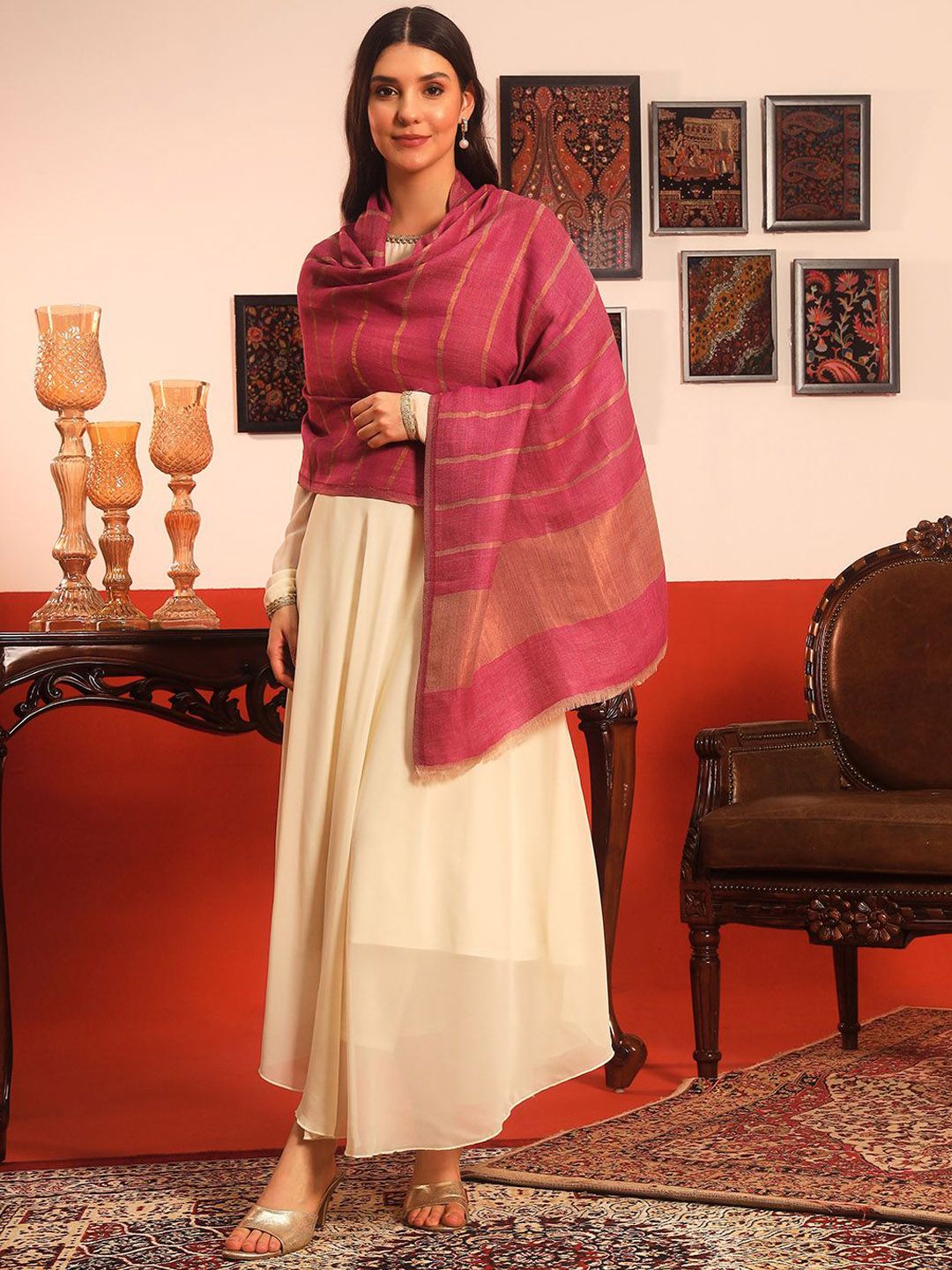 Dhiyona PA Gulzarim Striped Woven Design Reversible Woolen Shawl