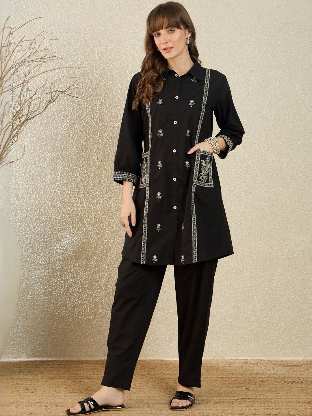 Dhiyona IE Printed Shirt Collar Three-Quarter Sleeves Pure Cotton Top With Trousers