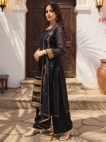 Women Embroidered Regular Sequinned Kurta with Palazzos & With Dupatta