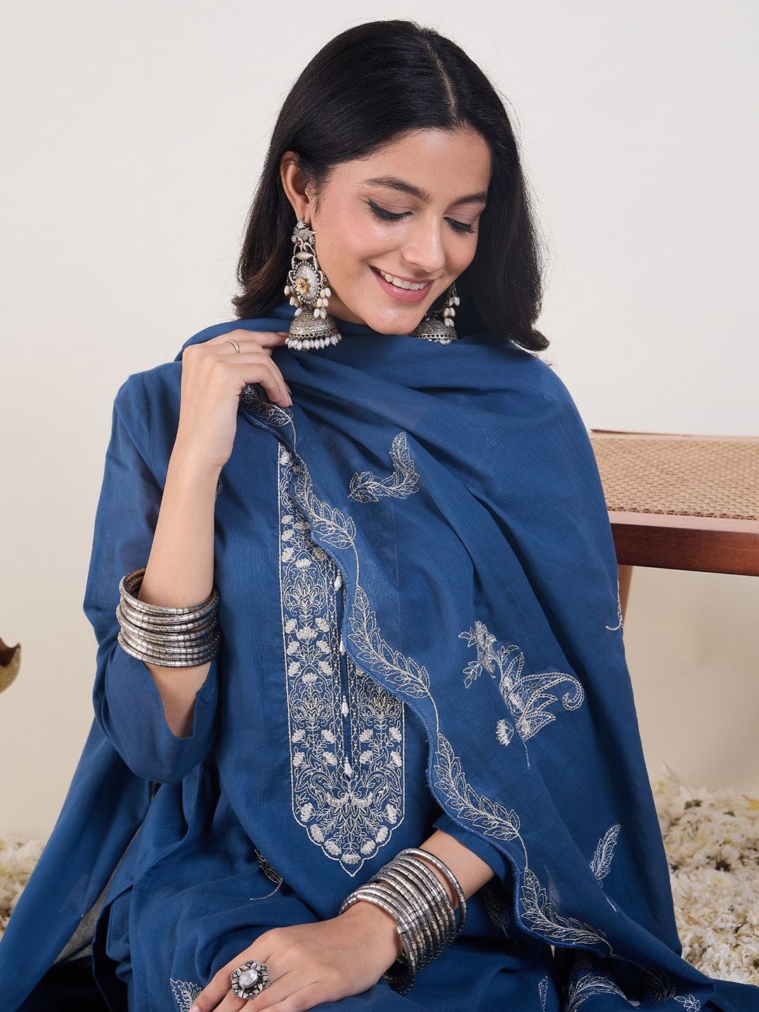 Embroidered Notch Neck Thread Work Pure Cotton Kurta With Trousers & Dupatta