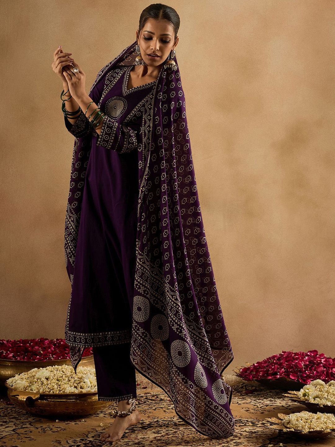 Floral Printed Pure Cotton Straight Kurta With Trousers & Dupatta