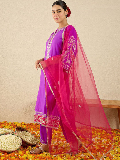 Women Ethnic Motifs Embroidered Zardozi Work Kurta with Trousers & Dupatta