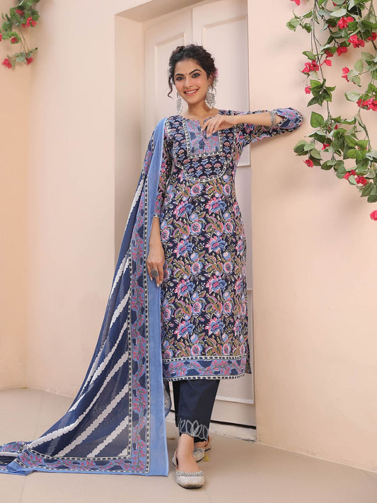 Dhiyona RR Women's Floral Printed Regular Pure Cotton Kurta with Trousers & With Dupatta