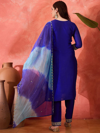 Dhiyona SN Women's Vichitra Zari Sequence Embroidered Straight Kurta & Trousers With Dupatta