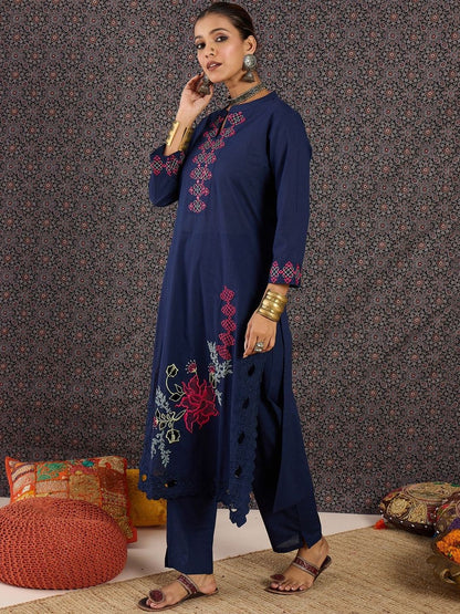 Dhiyona IE Embroidered Round Neck Three-Quarter Sleeves Pure Cotton Tunic And Trousers