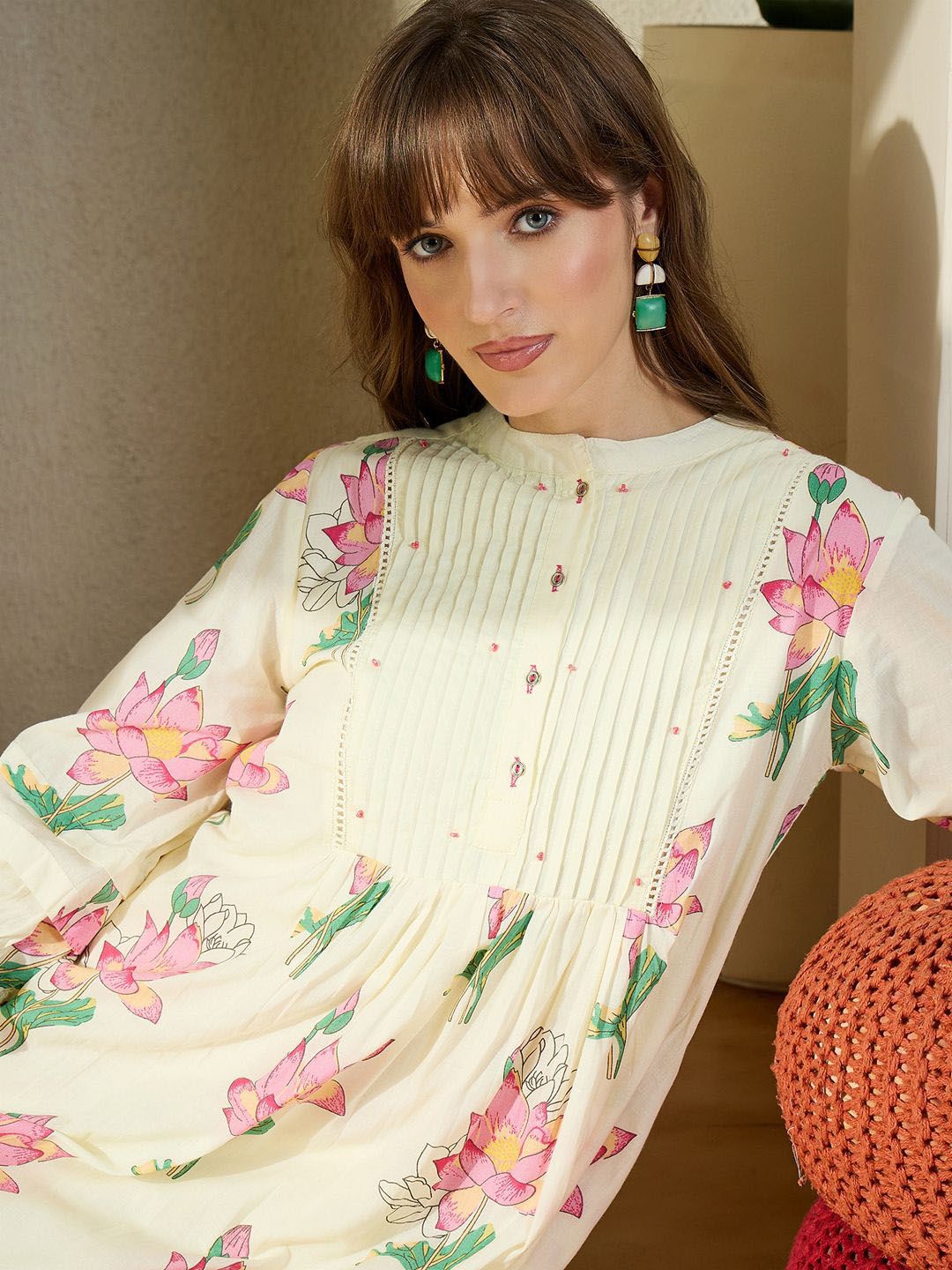 Dhiyona IE Printed Mandarin Collar Pure Cotton Tunic With Trouser