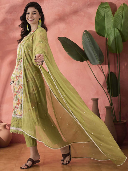Dhiyona SN Women's Green Floral Printed Round Neck Pure Cotton Kurta With Trousers & Dupatta