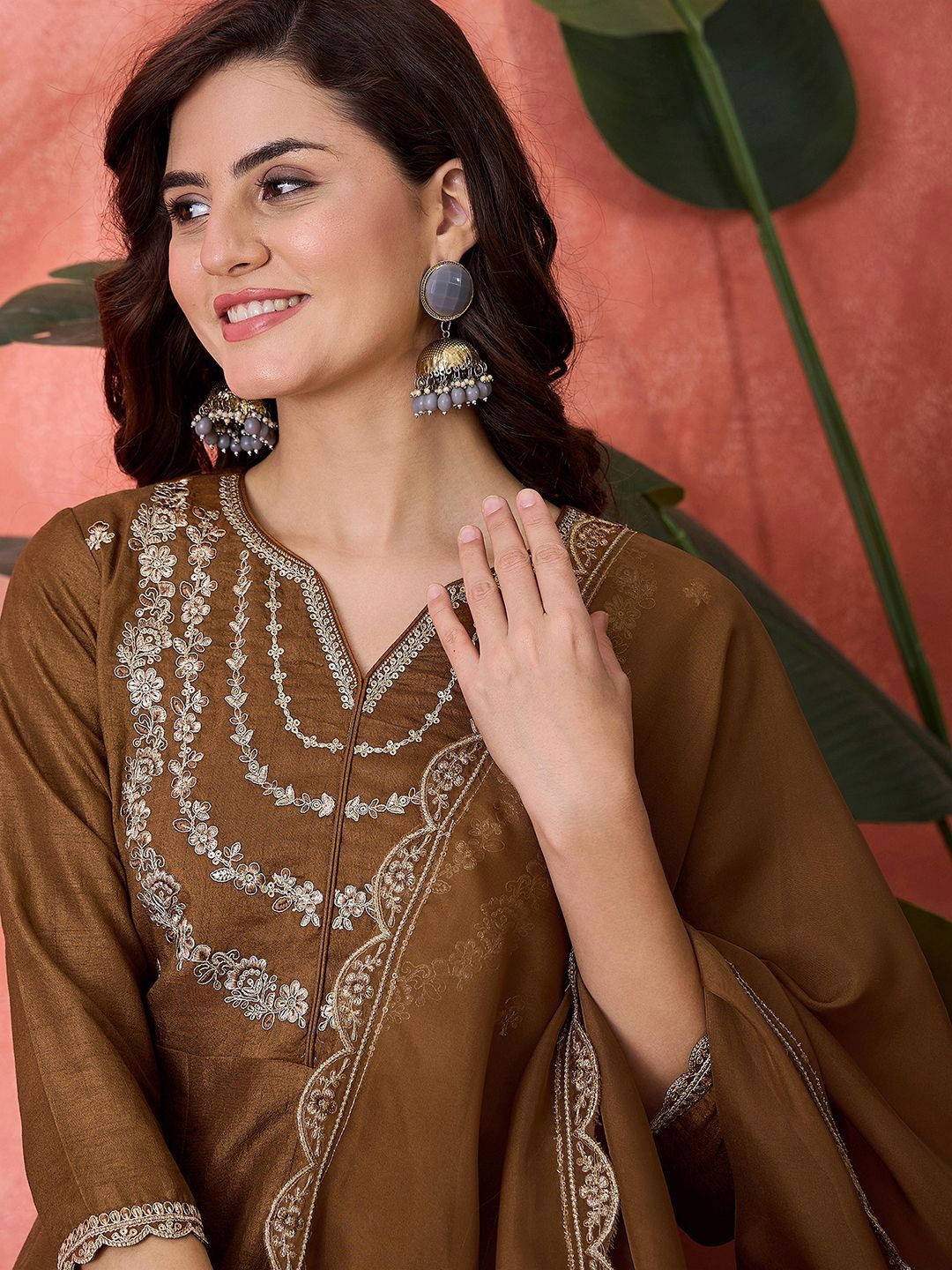 Dhiyona SN Women's Embroidered V-Neck Kurta, Trousers & Dupatta Set