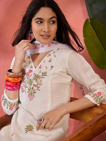 Dhiyona SN Women's Floral Embroidered Thread Work Straight Kurta With Trousers And Dupatta