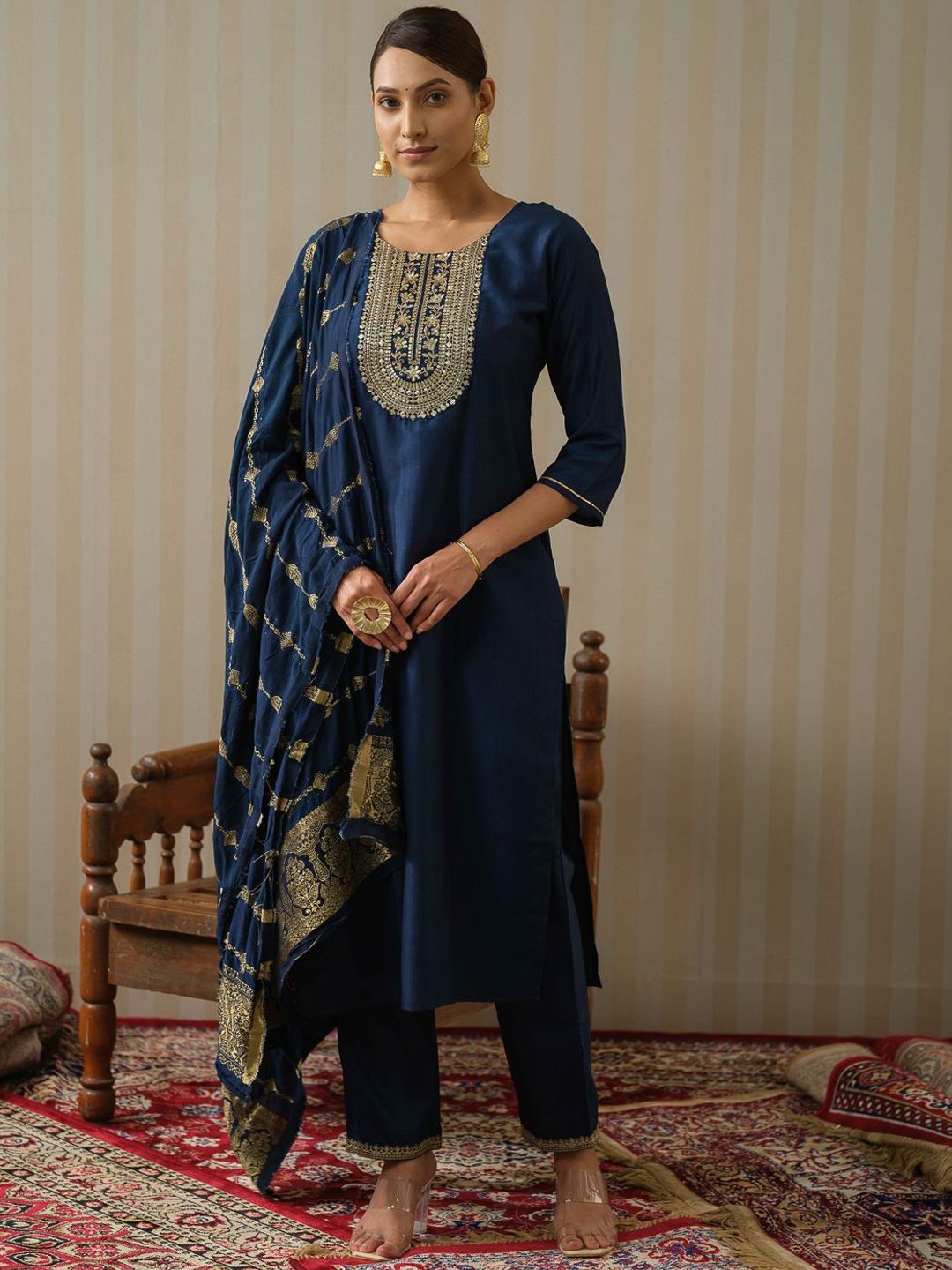 Dhiyona OD  Floral Yoke Design Silk Straight Kurta & Trousers With Dupatta