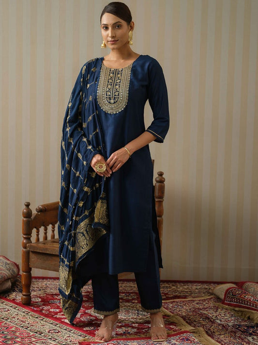 Dhiyona OD  Floral Yoke Design Silk Straight Kurta & Trousers With Dupatta