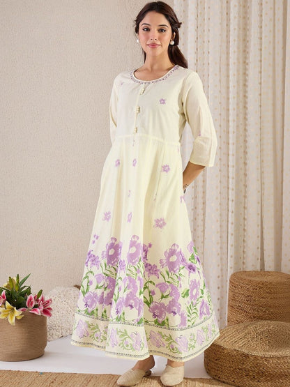 Women Floral Printed Panelled Thread Work Pure Cotton Kurta with Trousers & With Dupatta