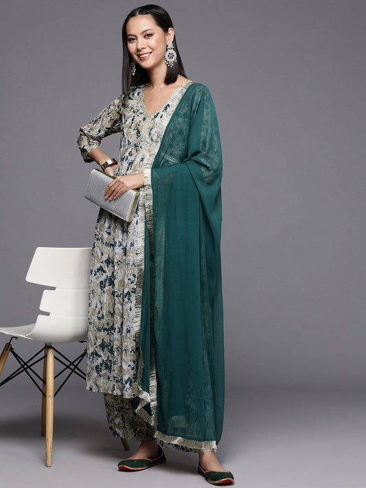 Dhiyona VA Women'sBeige Abstract Printed Empire Thread Work Silk Georgette Kurta & Trouser & Dupatta