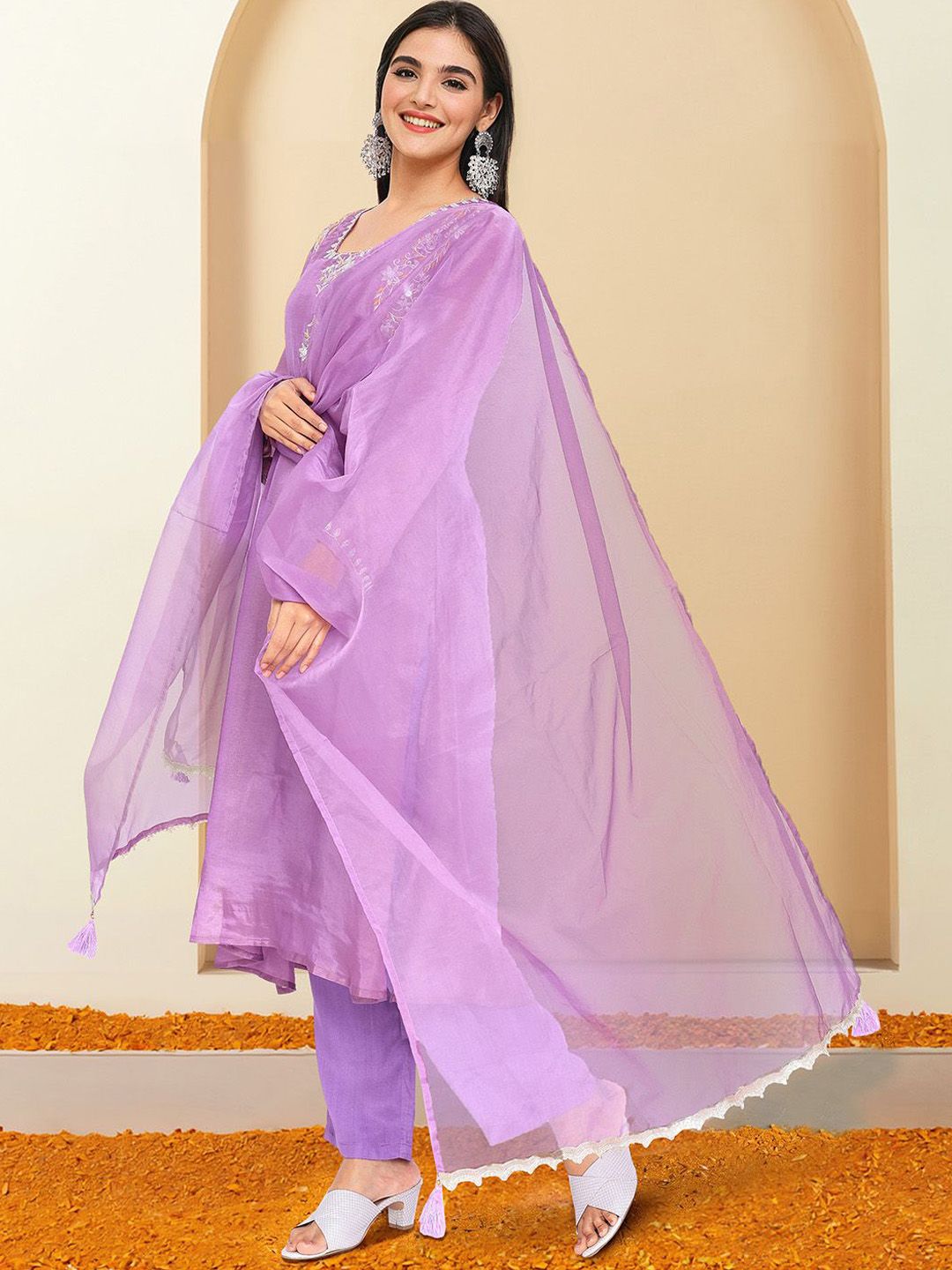 Dhiyona IS Women's Embroidered Thread Work A-Line Kurta with Trousers & Dupatta