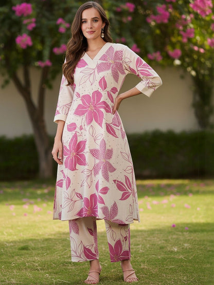 Floral Printed V-Neck Pure Cotton A-Line Kurta With Trousers
