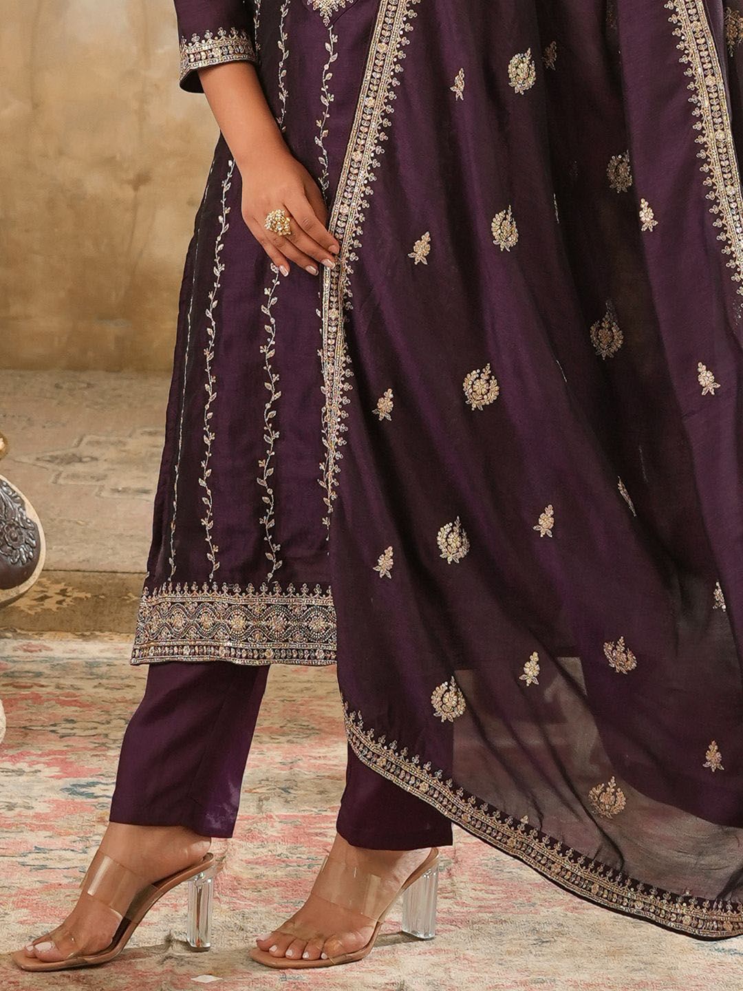 Women Embroidered Straight Kurta Trousers With Dupatta Set