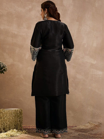 Floral Embroidered V-Neck Thread Work Straight Kurta & Palazzos