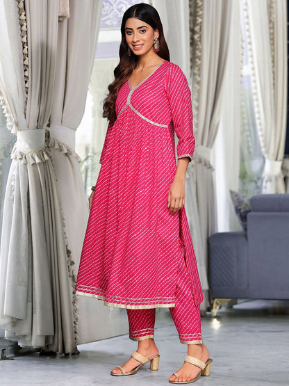 Dhiyona VA Women's Leheriya Printed Pleated Gotta Patti Pure Cotton Kurta with Trousers & With Dupatta