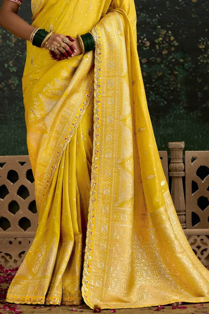 Dhiyona KM Women Mustard Yellow Banarasi Dola Silk Saree