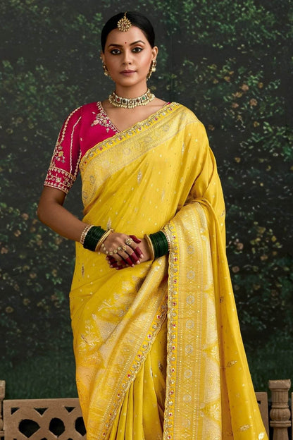 Dhiyona KM Women Mustard Yellow Banarasi Dola Silk Saree