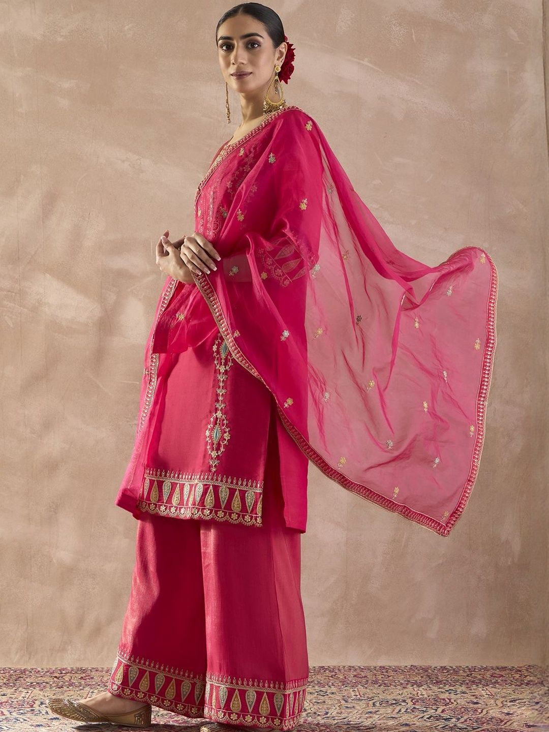 Ethnic Motifs Embroidered Straight Thread Work Kurta With Palazzos & Dupatta