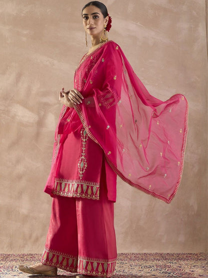 Ethnic Motifs Embroidered Straight Thread Work Kurta With Palazzos & Dupatta