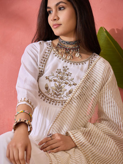 Dhiyona SN Women's White Floral Embroidered Silk Blend A-Line Kurta With Trousers And Dupatta