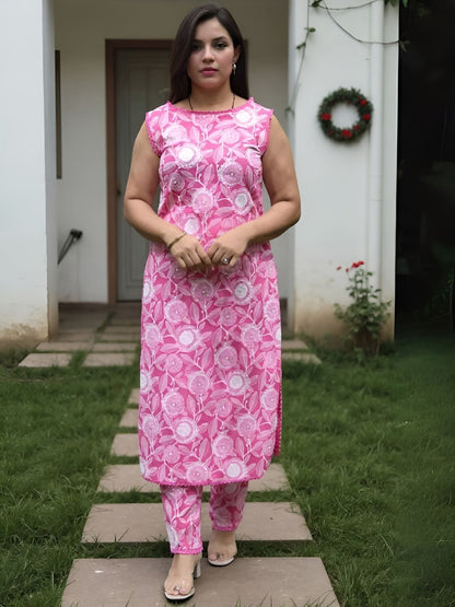 Dhiyona IE Women's Women Floral Printed Straight Pure Cotton Kurta with Trousers