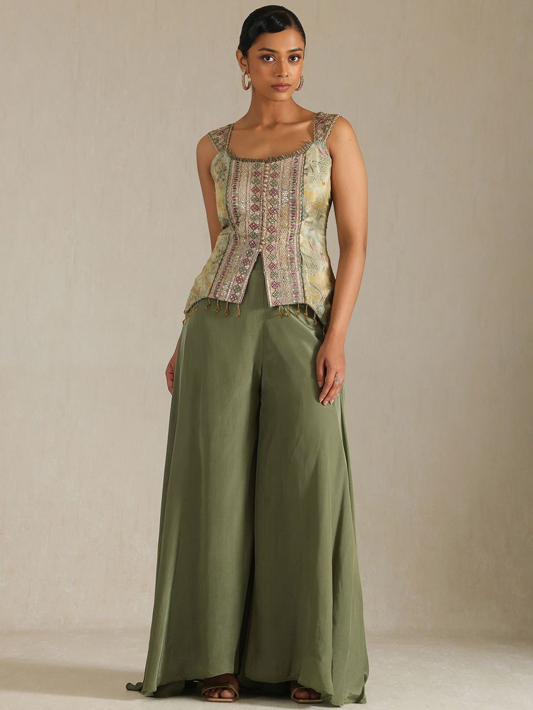 Dhiyona SO Women's Women Embroidered Regular Sequinned Top with Palazzos & With Dupatta