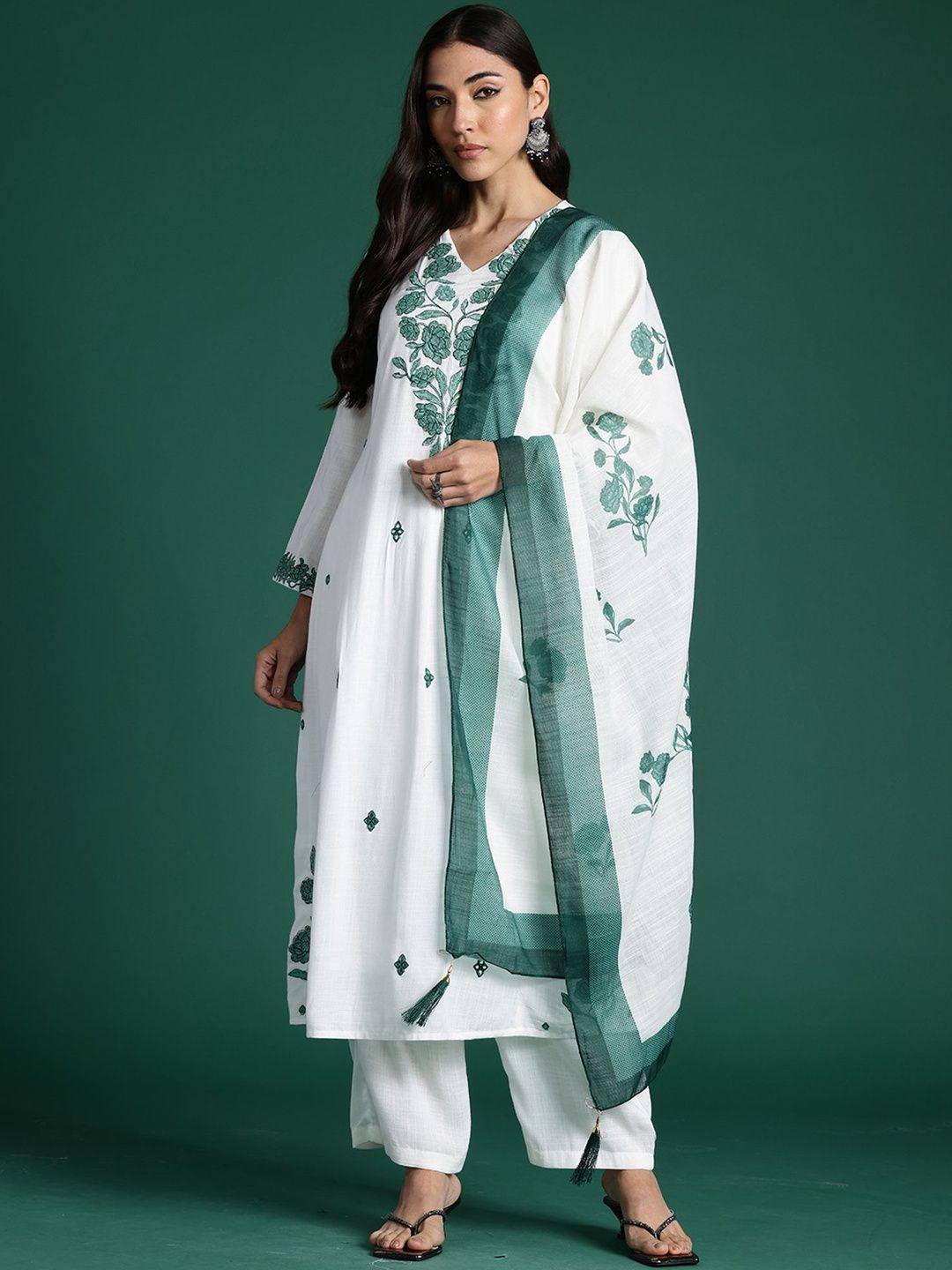 Women Floral Embroidered Regular Pure Cotton Kurta With Trousers & Dupatta