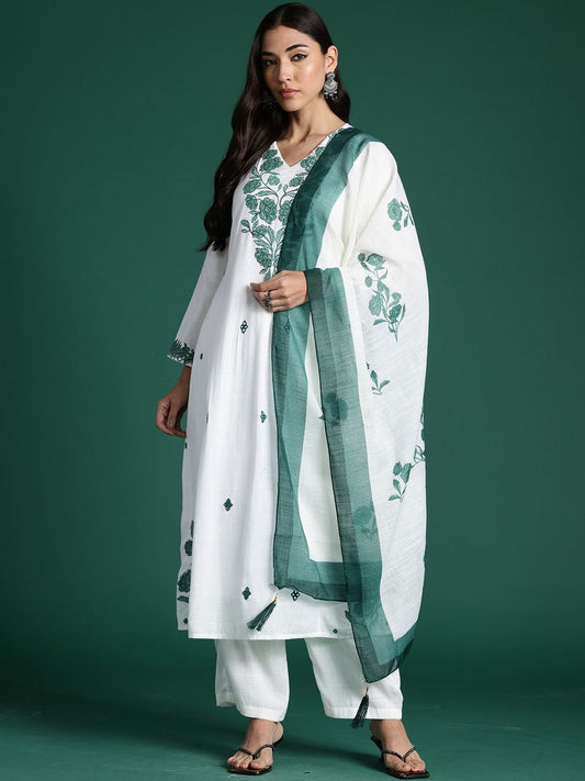 Women Floral Embroidered Regular Pure Cotton Kurta With Trousers & Dupatta
