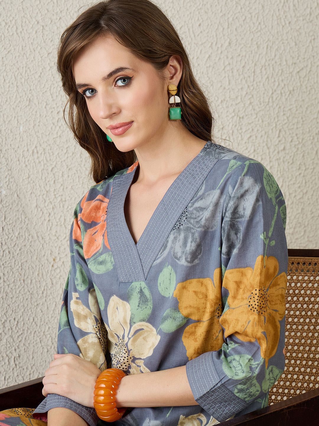 Dhiyona IE Printed V-Neck Pure Cotton Tunic With Trouser