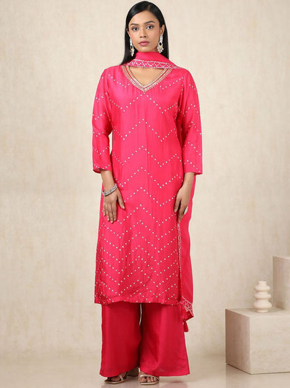 Dhiyona SO Women's Bandhani Printed V-Neck Sequinned Straight Kurta With Palazzos & Dupatta