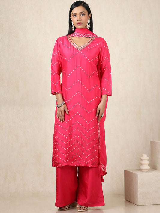 Dhiyona SO Women's Bandhani Printed V-Neck Sequinned Straight Kurta With Palazzos & Dupatta