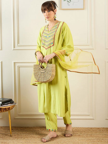 Dhiyona IE Geometric Embroidered Thread Work Liva Straight Kurta With Trousers & Dupatta