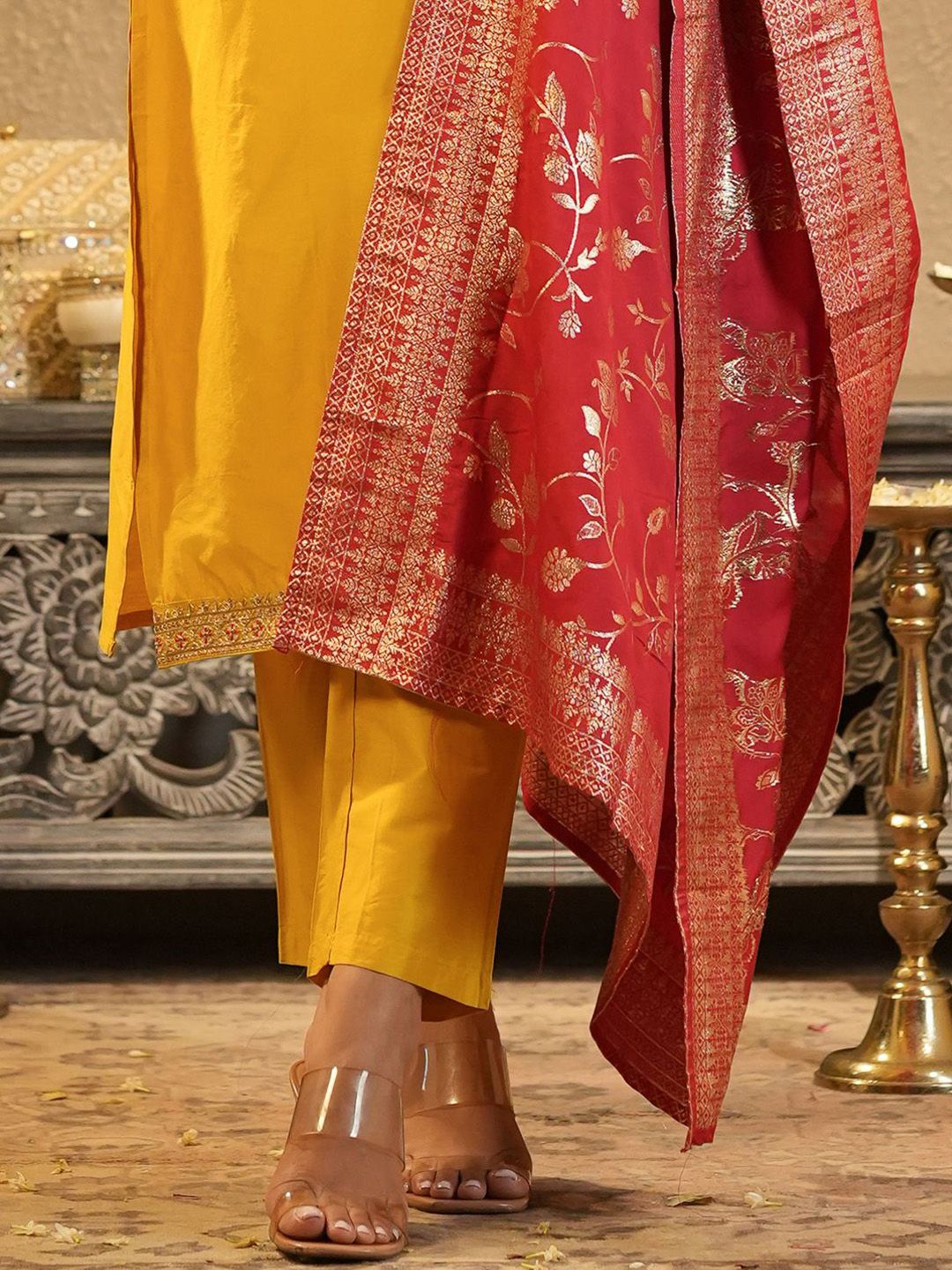 Dhiyona IE Women's Floral Yoke Design Round Neck Zari Straight Kurta & Trousers With Dupatta