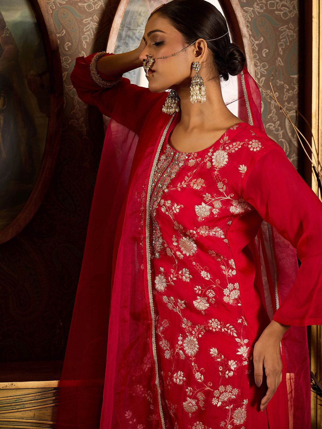 Floral Zari Embroidered Straight Kurta with Trouser & Dupatta