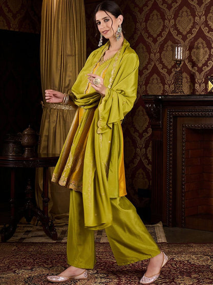 Dhiyona CH Women Ethnic Motifs Embroidered Tiered Thread Work Kurta with Palazzos & With Dupatta